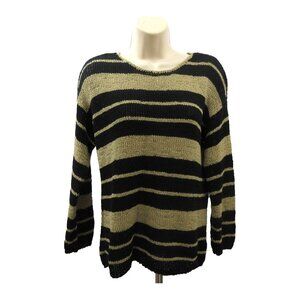 Jones New York Sport Sweater Womens Sz Medium Black Tan Striped Knit Long Sleeve